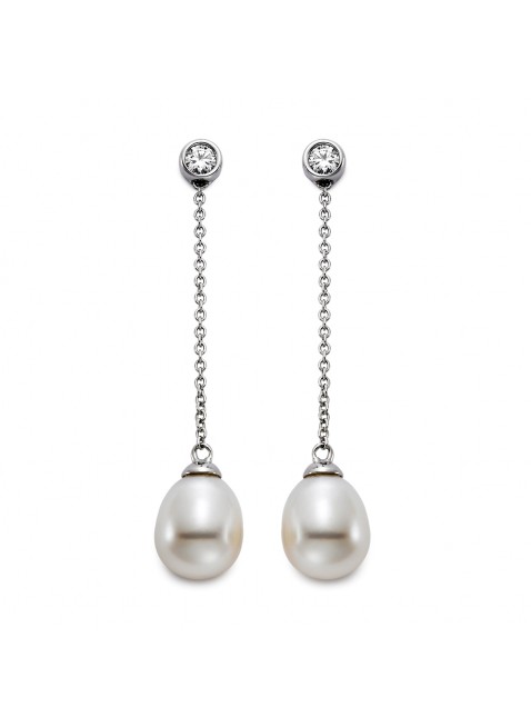 Ladies 14 Karat White Gold Freshwater Pearl and Diamond Chain Fashion Earrings. 0.20 Carat Total Weight.