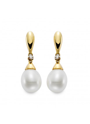 Ladies 14 Karat Yellow Gold Freshwater Pearl and Diamond Fashion Dangle Earrings. 0.03 Carat Total Weight. 7.5-8mm