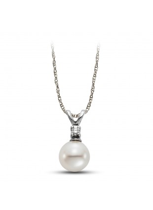 Ladies 14 Karat White Gold Single Cultured Pearl Necklace With a 0.03 CT Diamond. 6-6.5mm
