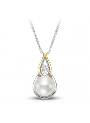 Ladies 18 Karat Two Tone Single Cultured Pearl Necklace With a 0.25 ctw of Diamonds. 9.5-10mm
